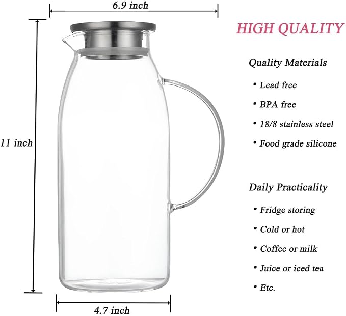 80 Ounces Glass Pitcher with Lid, Hot/Cold Water Jug, Juice and Iced Tea - Image 2