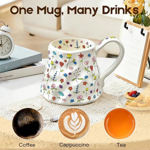 20 oz Large Coffee Mug, Cute Floral Ceramic Mug with Big Handle, White