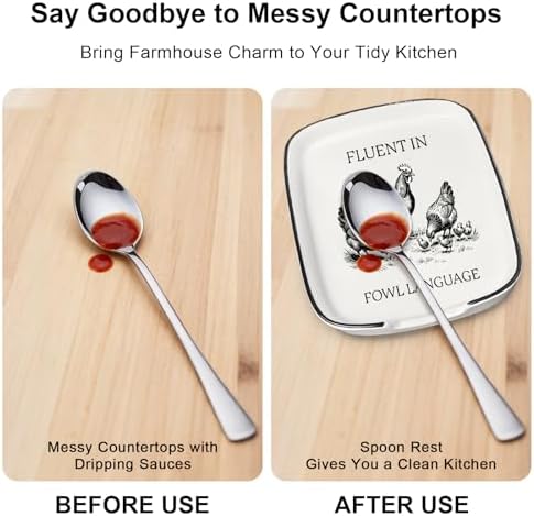 Funny Rooster Spoon Rest for Kitchen Counter - Ceramic Fowl Language