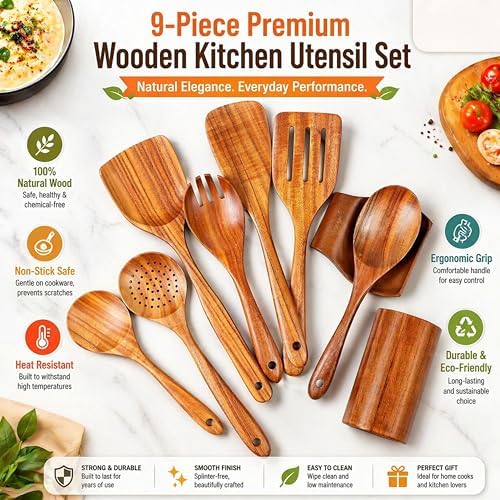 9-Piece Teak Wooden Utensil Set, Dark Brown