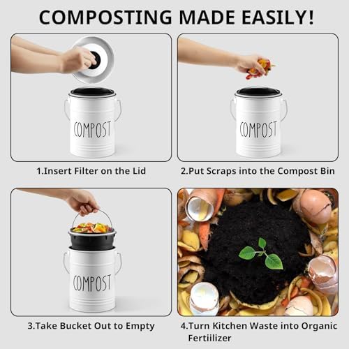 Kitchen Compost Bin, 1 Gallon Countertop Bin with Lid, White