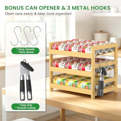 Bamboo Rolling Can Organizer for Pantry, Stackable 3 Tier Canned Food
