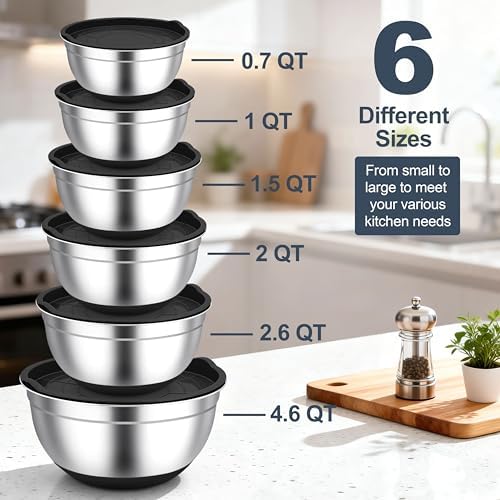 TeamFar Mixing Bowls, Stainless Steel Salad Bowls with Lids - Black