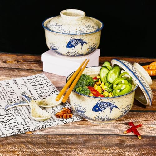 Ceramic Ramen Bowl Set, 800ml, with Lid, Spoon and Chopsticks