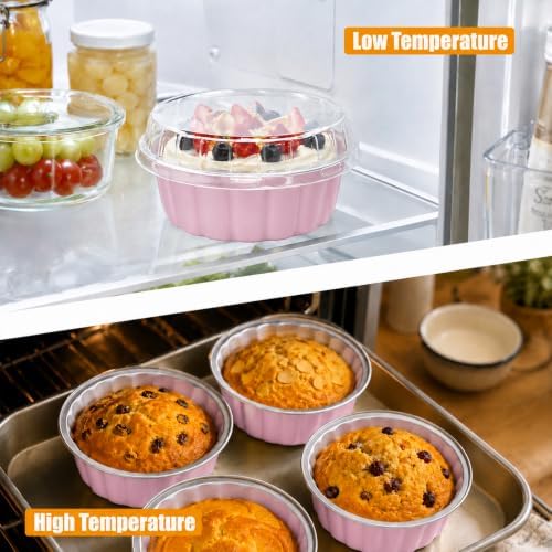 Lilaly 100 Pack 9oz Mini Cake Pans with Lids and Spoons, Round, Pink