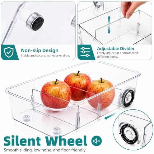 2 Pack Refrigerator Organizer Bin with Wheels, Roll Out Pantry Storage