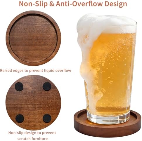 Wood Drink Coasters with Holder, Set of 4, Natural Absorbent Wooden