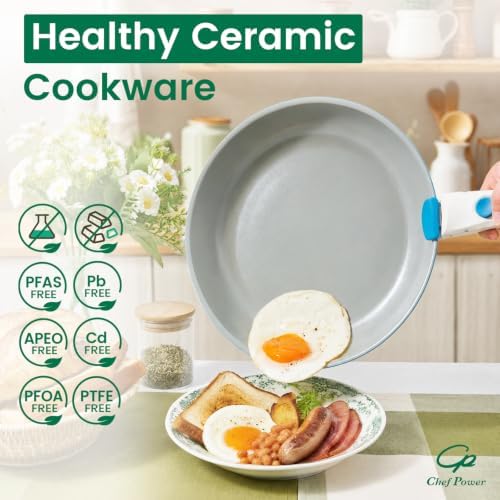 Chef Power Ceramic Cookware Set Non Toxic with Detachable Handles, Healthy Nonstick Decal Pans and Pots Set 14 Pcs, Induction Dishwasher Oven Safe Kitchen Set, Turquoise with Bougainvillea