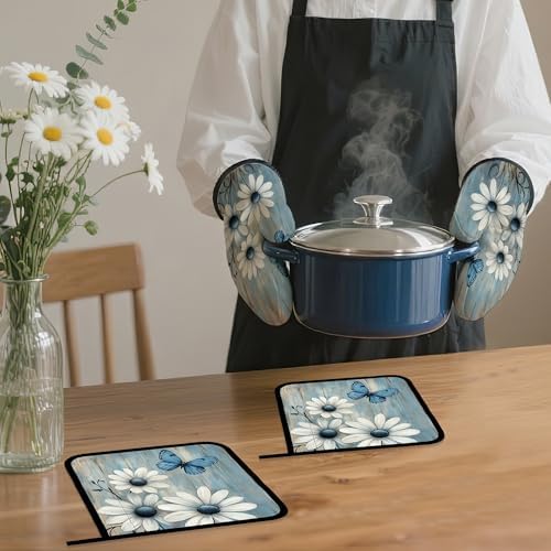 Blue Butterfly Oven Mitts and Pot Holders,Vintage Daisy Wooden Heat
