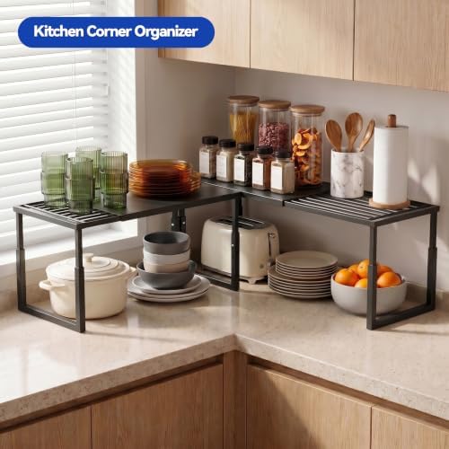 2 Packs Expandable Cabinet Shelf Organizer, Stackable Countertop Shelves