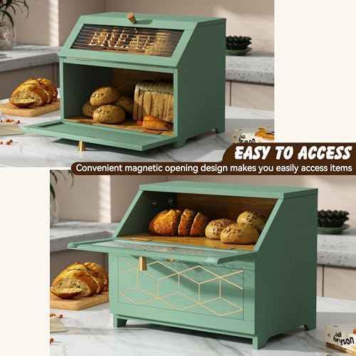 HOLTICO Double Layer Bread Box with Golden Trim for Kitchen Countertop