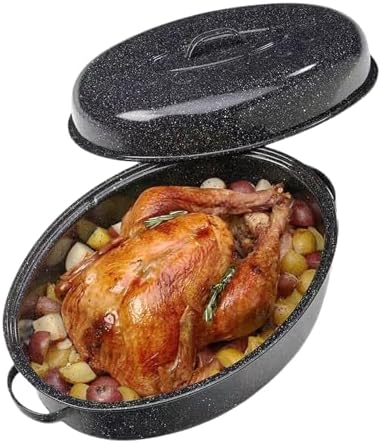 Turkey Roasting Pan With Lid 18in Enamel Carbon Steel Roaster Pot, Broiler Pan Great-for Roasted Turkey Chicken Baking Bread18 Pound Large Capacity High Temperature Resistance Oval Cookware