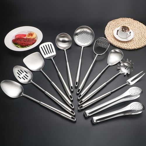 304 Stainlss Steel Kitchen Utensils Set, 12 Pcs Long Metal Cooking