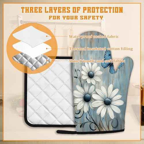 Blue Butterfly Oven Mitts and Pot Holders,Vintage Daisy Wooden Heat