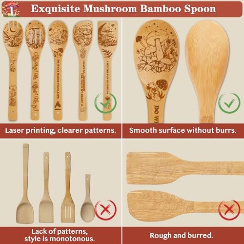Mushroom Kitchen Decor Bamboo Wooden Spoons With Utensil