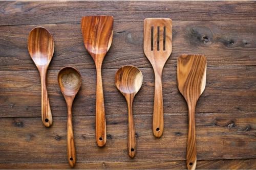 6 Piece Natural Teak Wooden Kitchen Utensil Set with Spoon Rest