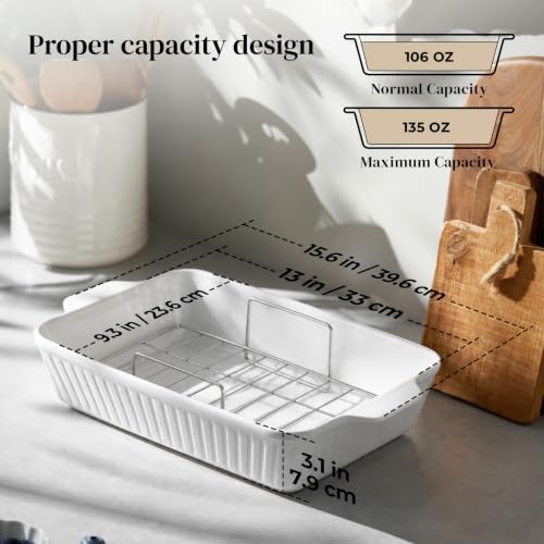 DOWAN 9x13'' Baking Dish with Handles Rack, Deep Ceramic Casserole Pan