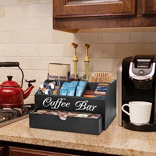 Coffee Bar Organizer Countertop, Wooden Bar Accessories With Drawer