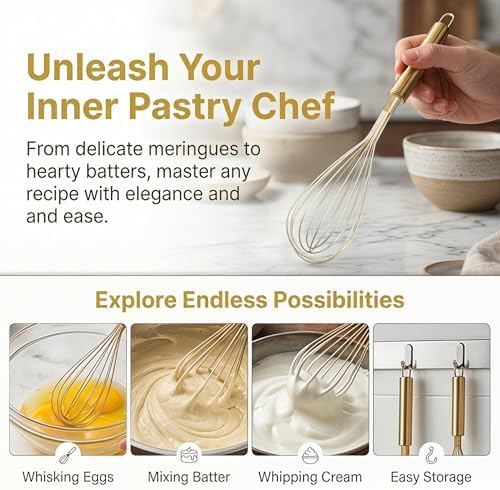 TOYANDONA Stainless Steel Whisk Gold Set of 2-10" 12" Kitchen Egg