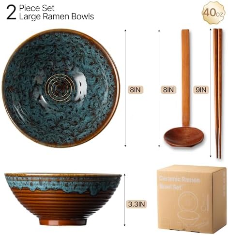 8 Inch Ceramic Ramen Bowl Set of 2, 40oz Japanese Bowls with Spoons &