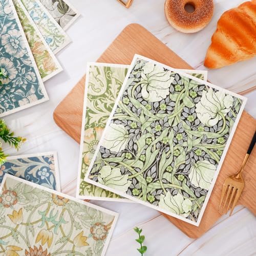 8 Packs Foliage Swedish Dishcloths, Blue Green Floral, 7 x 8 Inch