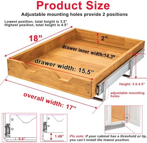 DINDON Pull Out Cabinet Organizer (17" W x 18" D) 1 Tier,Single Tier