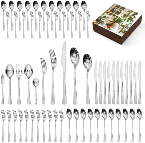 65 Pcs 18/10 Steel Silverware Set with Serving Utensils, Hammered