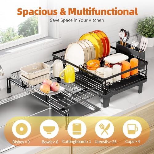 Urackify Expandable Sink Dish Drying Rack for Kitchen Counter, 1-Tier Black