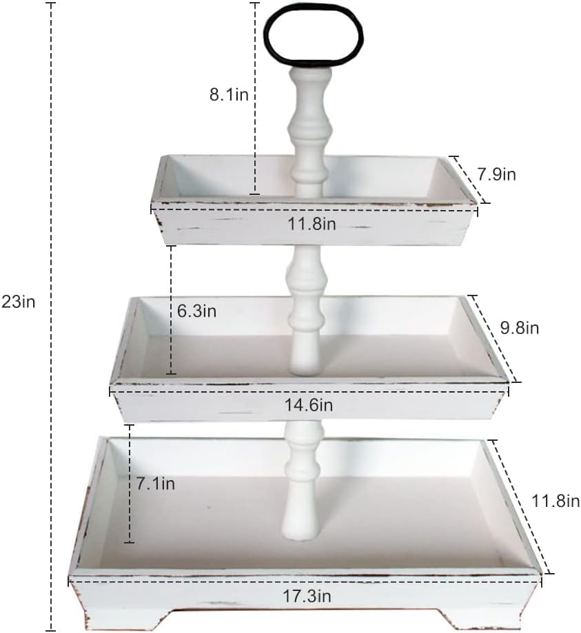 3 Tier Rectangle Serving Stand, Rustic Farmhouse,Metal Handle,White