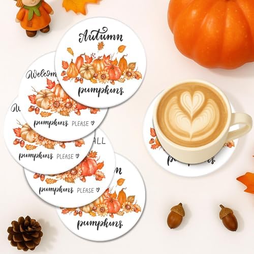 Fall Coasters for Drinks, Set of 6, Ceramic Stone Autumn
