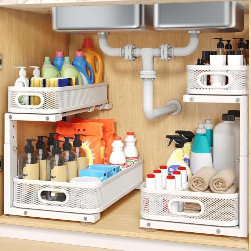 2 Pack Under Sink Organizer With Smooth Cylindrical Rail,2-Tier Pull