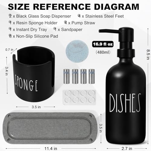 Black Glass Hand and Dish Soap Dispenser Set, 17 fl oz