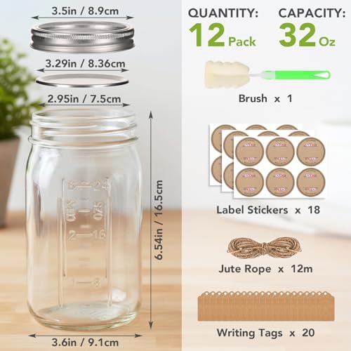 12 Pack 32 oz Wide Mouth Mason Jars with Airtight Lids