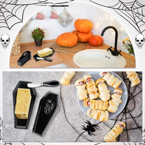 Reallnaive 2 Pcs Coffin Butter Dish with Lid, Gothic Skull Black,Flat