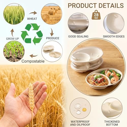 Yesland 50 Pack Compostable Food Containers with Lids, 28oz Bagasse