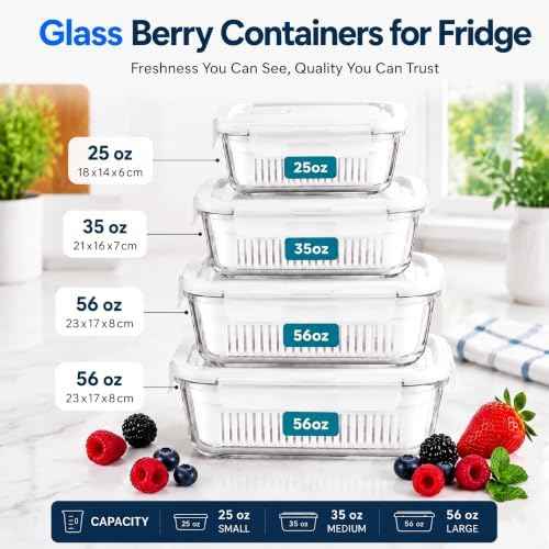 4 Pack Glass Berry Storage Containers for Fridge