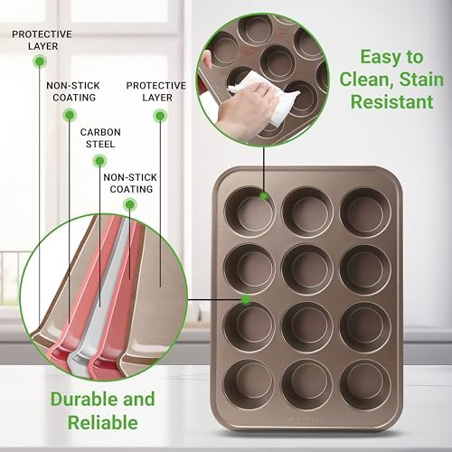 NutriChef Muffin Pans for Baking 4-Pack | Nonstick 12 Mold Cupcake