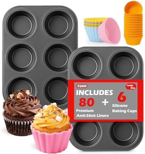 Mity rain 2 Pack Jumbo Muffin Pan Set, Carbon Steel 6-Cup Cupcake Pan