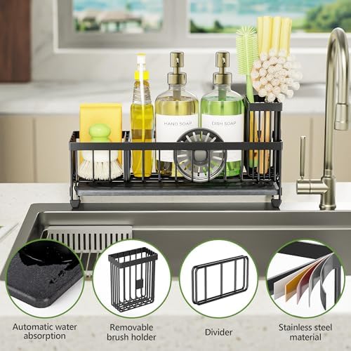 Sink Caddy Organizer with Drying Stone, Black