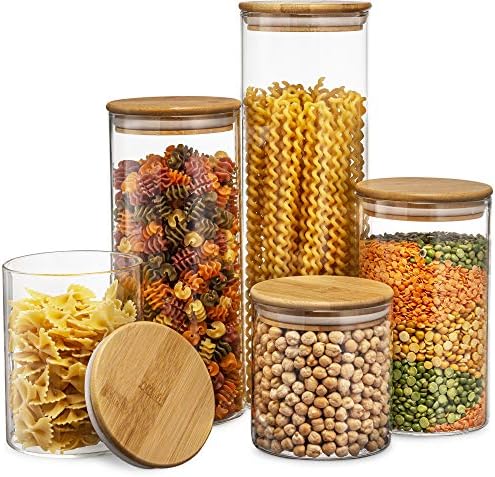 Set of 5 Glass Kitchen Canisters with Airtight Bamboo Lid - Glass