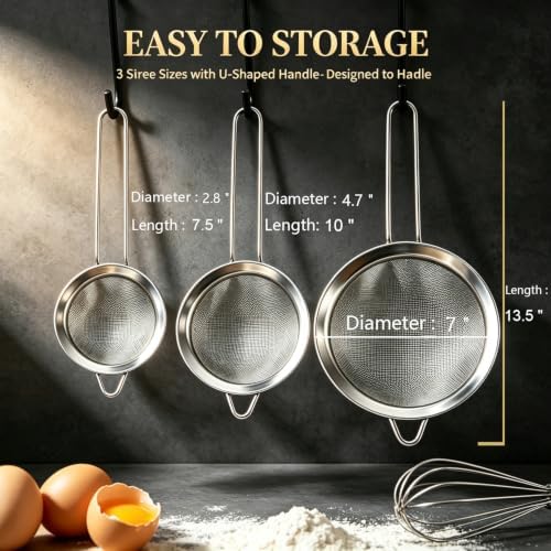 Fine Mesh Strainer Set of 3 - Stainless Steel Sieve with Handles for