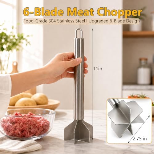 Meat Masher, 304 Stainless Steel Ground Beef Masher, 6-Blade Head