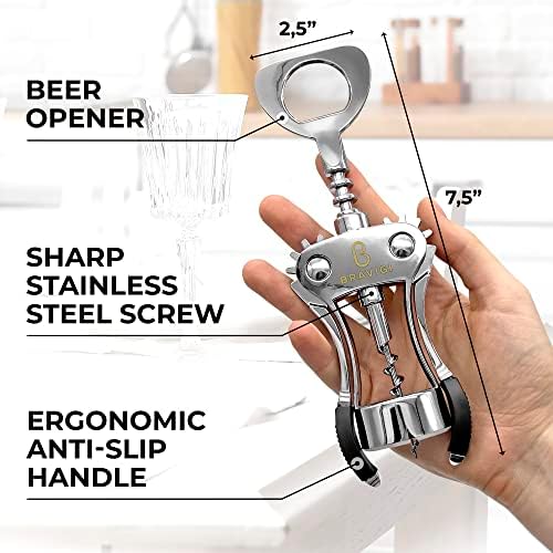 Wine Opener, Wing Corkscrew - Made w/Heavy Duty Stainless Steel Screw