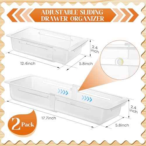 2 Pack Deep Drawer Organizer Bins, Adjustable Sliding Drawer Organizer Bin Expandable Tray for Kitchen Utensils, BBQ Tools, Towels, Durable Plastic Sliding for Easy Storage (12.4" to 18")