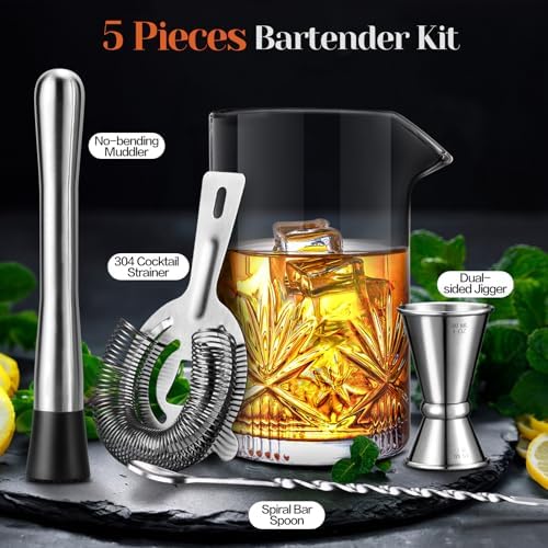 Cocktail Mixing Glass, veecom 18oz Crystal Bartender Kit, 5 Piece Bar