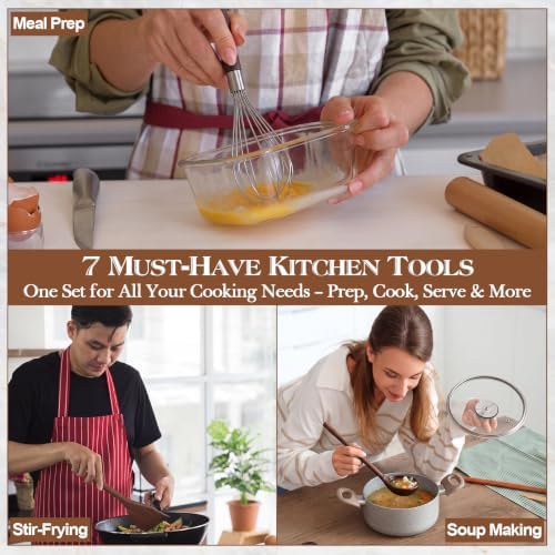 7 Piece Walnut Kitchen Utensil Set with Turner, Ladle, Slotted Spoon