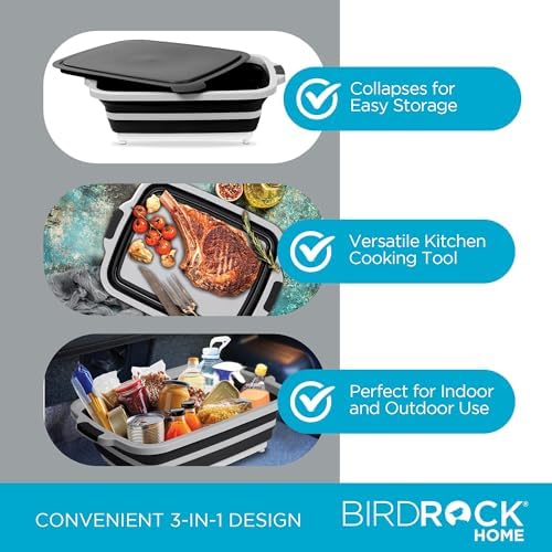 BIRDROCK HOME 11L Collapsible BBQ Prep Tub with Lid, Black, 19”L x