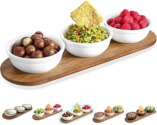 Artena 12 oz Solid Ceramic Chip and Dip Serving Set with Acacia Wooden Tray, 5-inch White Dipping Bowls, Small Serving Bowls for Side Dishes, Salsa, Appetizer, Serving Dishes for Entertaining