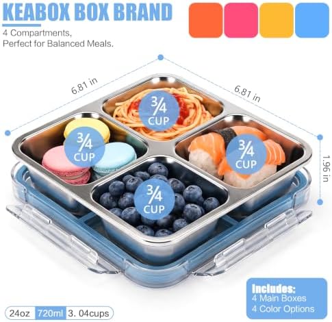 4 Pack Stainless Steel Snack containers, Leak-Proof, 4 Compartments, 3