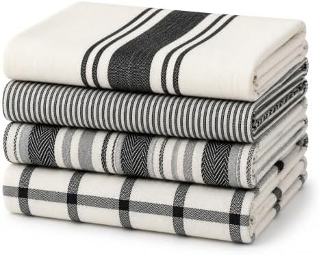 Elfranso Tea Towels, 100% Cotton Set of 4 Dish Towel, Grey & White